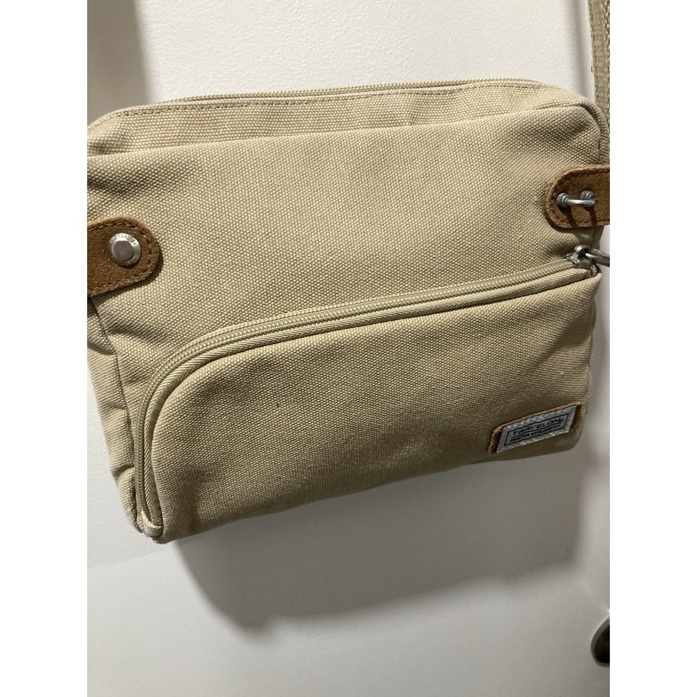 Travelon Heritage Crossbody/Shoulder Bag Tan Canvas Anti Theft Leather Accents - Picture 4 of 10